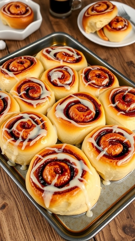 A tray of golden brown sourdough cinnamon rolls drizzled with icing on a rustic wooden table.